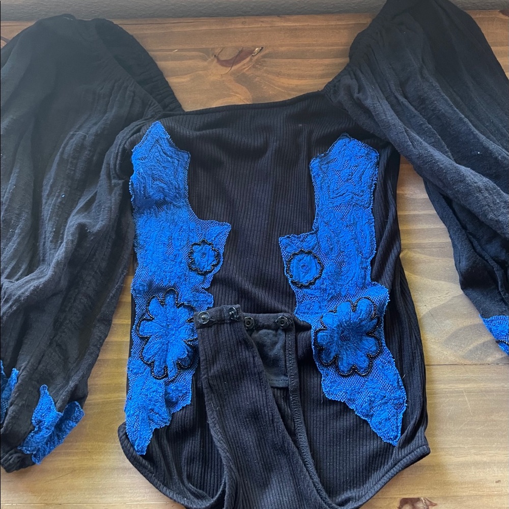 Free People Black and Royal Blue Bodysuit